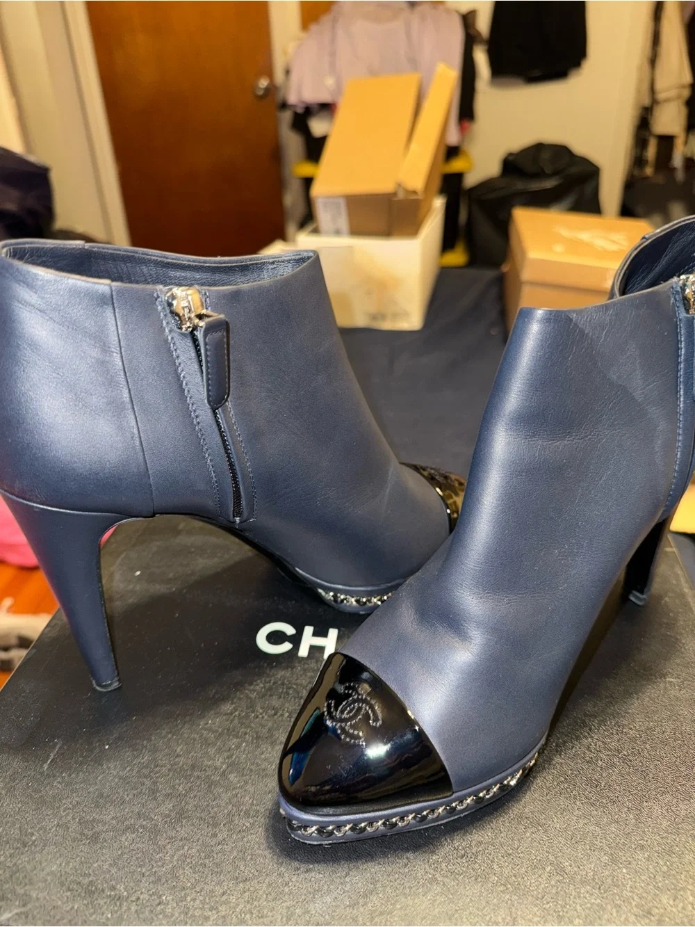 CHANEL Navy Leather Ankle Booties with Black Patent Cap Toe